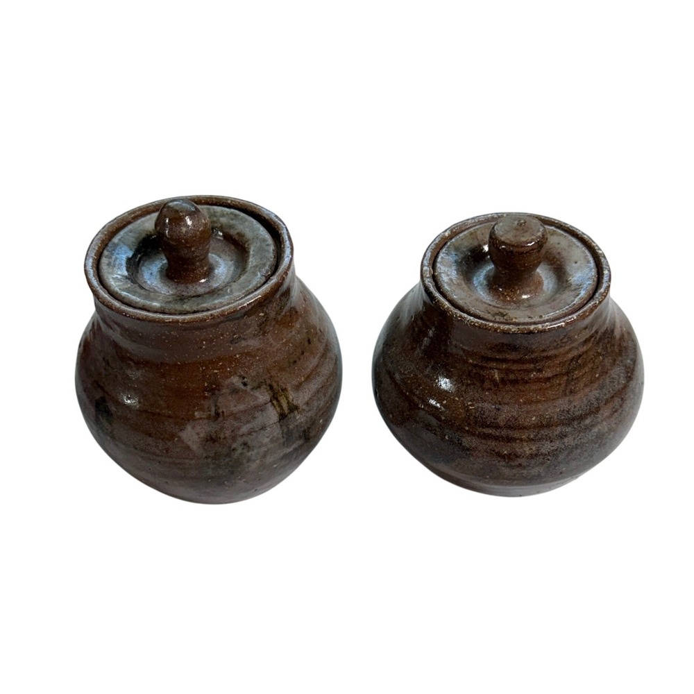 Vintage Studio Pottery Lidded Jars Set of 2 Brown Glazed Stoneware Canisters
